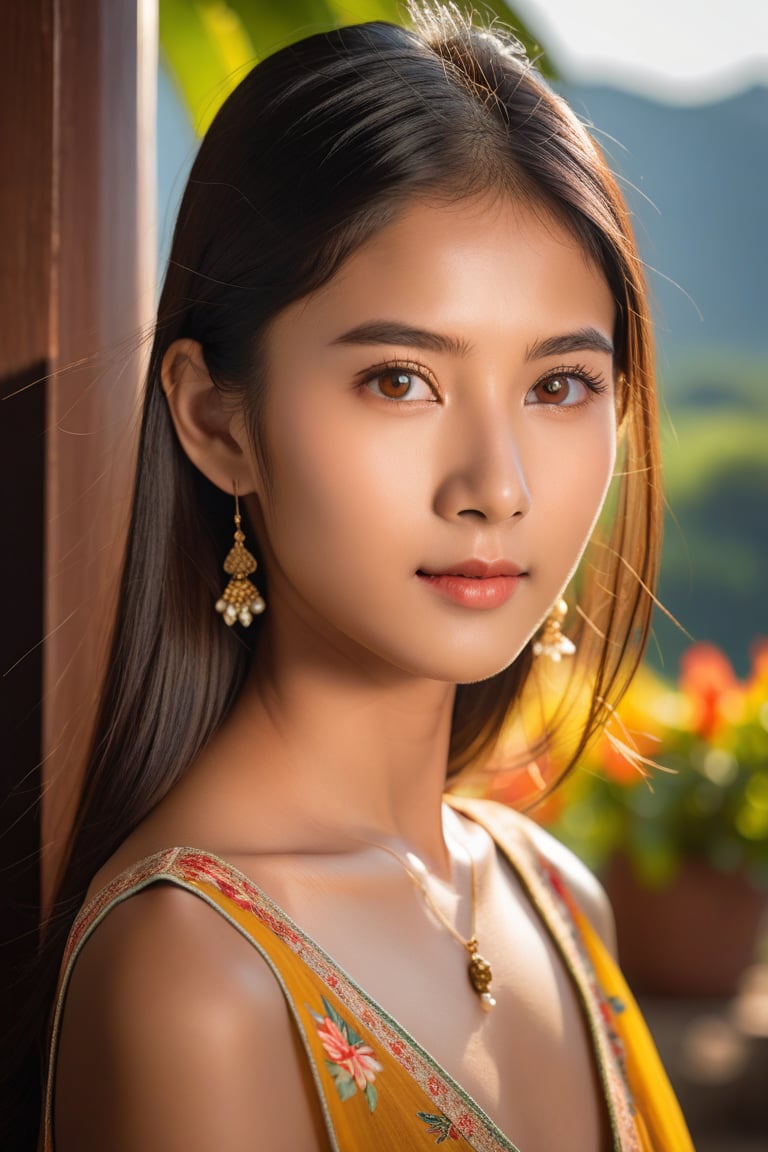 Half-length portrait of an Indo-Chinese girl, in a summer dress, Warm sunlight casts a gentle glow on her gorgeous features, capturing her beuty. Her hazel eyes, with medium pupils and delicate eyelashes, shine like embers. Softly reflected highlights adorn her dark Silky hair, while detailed facial expressions convey her warmth. Natural skin texture, precise ear, eyebrow, and eyelash details add depth to the image. She stands casually against the vibrant mountainous landscape, captured with the Sony a7 III's exceptional lens.