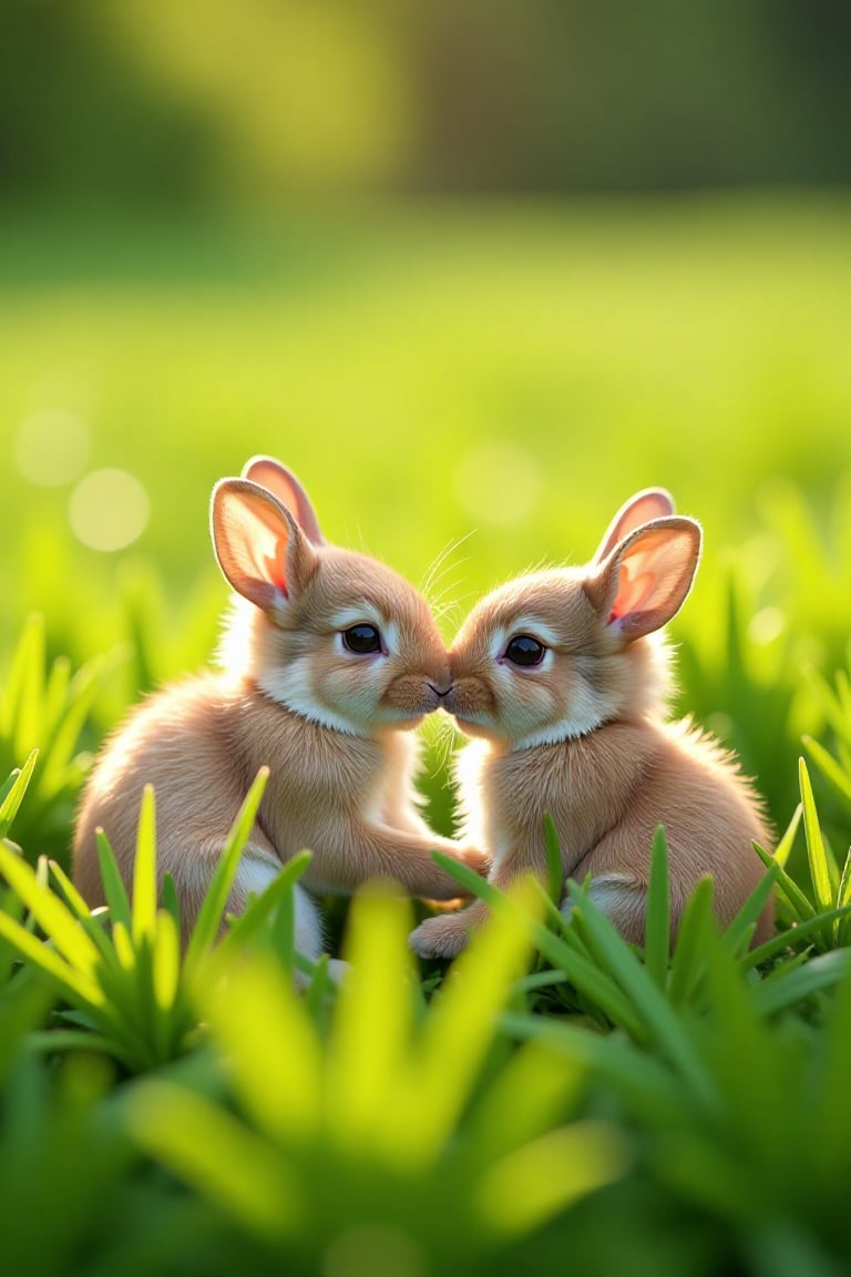 A heartwarming scene of baby rabbits nestled in a field of soft,  green grass. The framing captures the tiny creatures snu...