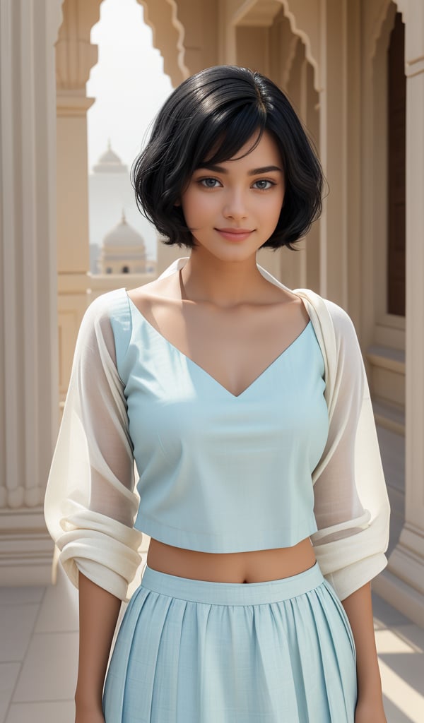 A cowboy shot of a woman,  with her short,  jet-black hair. She wears a pastel coloured Soft cotton by Mel4Art on Tensor.Art