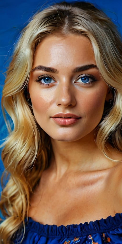 A close-up shot of a Russian blonde girl, set against a bright blue background with bold brushstrokes and vivid hues, capturing the essence of her lively nature. She sits confidently, gazing directly at the camera with a mischievous grin, her tinted hair styled in loose waves framing her striking features. The lighting is warm and vibrant, highlighting the golden undertones of her skin and the rich colors of her bluish-Grey eyes.