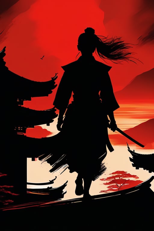 Still of the night, over the rooftops, 1girl, running assassin waving a bushido, silhouette, ink brushstrokes in background, upper body, dynamic brushstrokes, masterpiece quality, stunninh image, INK