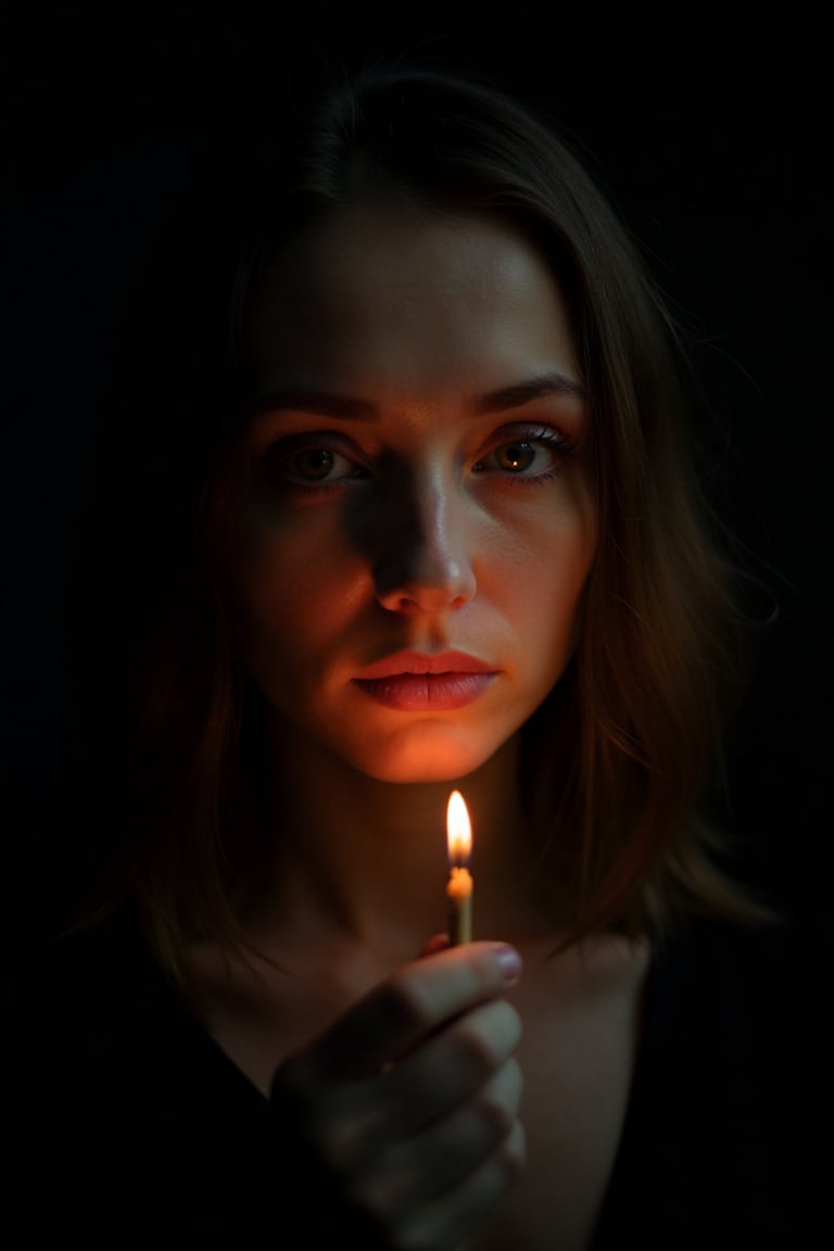 A moody portrait of a woman, set against a darkened background that amplifies the sense of mystery and intrigue. The only source of light comes from the glowing match held inches from her face, casting an eerie glow on her sharp features: the oval shape of her face, the rich brown hue of her shoulder-length hair, and the piercing light-colored eyes that seem to bore into the viewer. Her thin pink lips are slightly parted, as if she's about to share a secret, while her enigmatic expression hints at a story waiting to be told.