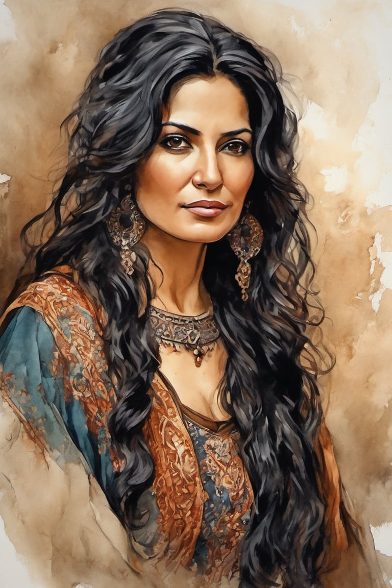 A mid-age attractive Afghani woman, long black wavy hair, light brown eyes, slim curves, fitting traditional dress. upperbody portrait, post-processing rendering, transition between two styles in art, Ink drawing to Cinematic brilliant color realism, masterpiece, surrealism, ultra detailed, high resolution
