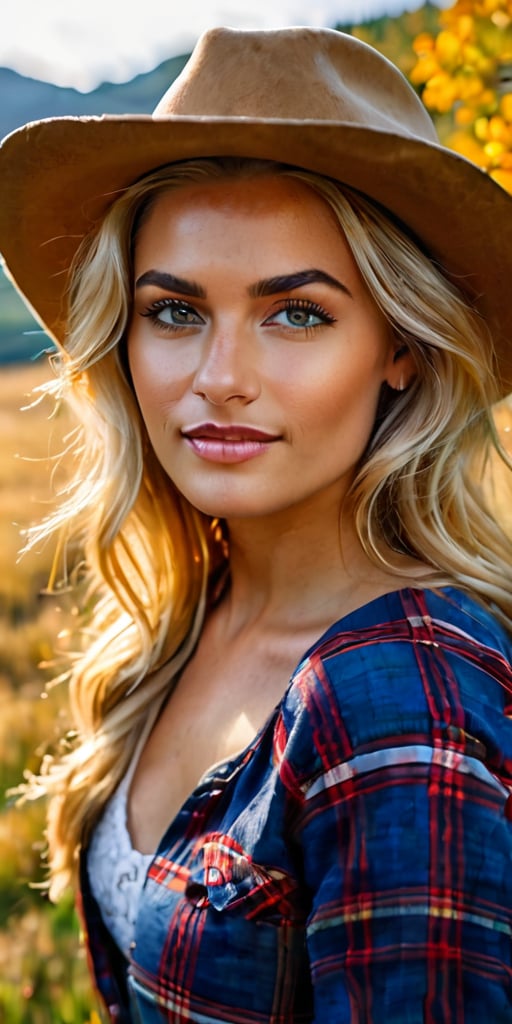 A full cowboy shot of a Russian blonde girl, in a blue-red-white, plaid shirt, Cowboy hat, set against a bright countryside background with bold brushstrokes and vivid hues, capturing the essence of her lively nature. She sits confidently, gazing directly at the camera with a mischievous grin, her tinted hair styled in loose waves framing her striking features. The lighting is warm and vibrant, highlighting the golden undertones of her skin and the rich colors of her bluish-Grey eyes.