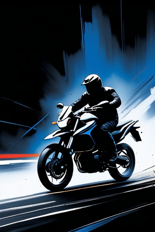 A sweeping nocturnal scene unfolds as one figure, clad in dark attire, dashes across the foreground with reckless abandon. Against a velvety black sky, strokes of blue and white ink dance across the canvas, echoing the rhythmic pounding of his footsteps. A lone motorcycle pursues him in the distance, its rider shrouded in darkness, while dynamic brushstrokes on the upper body convey the protagonist's frenzied energy.