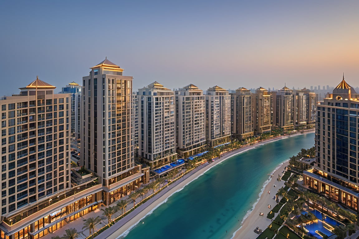 Panoramic shot from atop Burj Al-Arab helicopter pad: Dubai's metropolis sprawls below, bathed in warm sunlight. Jumeirah Beach Road's distant traffic hum and chatter harmonize in a lively symphony. The tranquil beach park in the distance, juxtaposed against the city's frenetic energy.