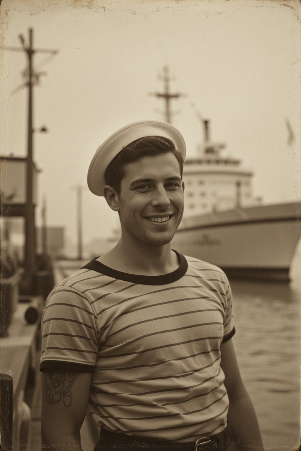 A sailor in his striped t-shirt and sailor cap,  tattoo on arm all smiles as his ship is getting ready at the port. Sepia...