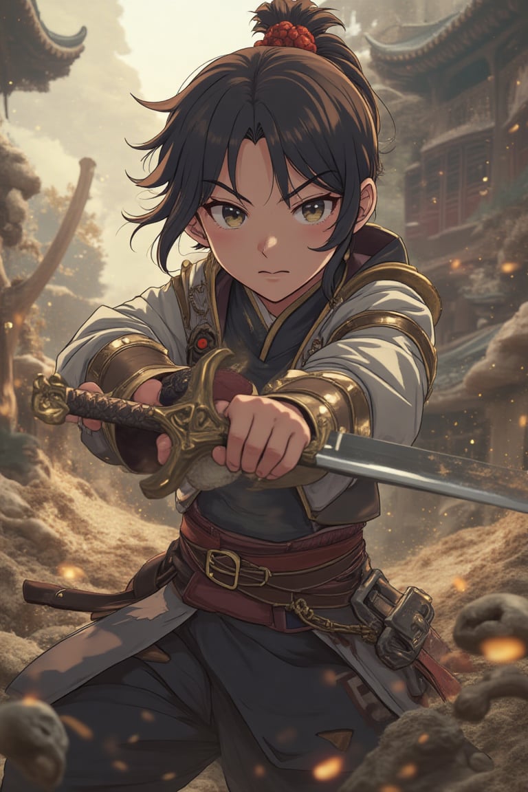 An anime-style depiction of a xianxia hero, hands on the sword, in action stance, ready to pull out in case of an attack, his eyes look in the direction of the sound, his ears trying to catch the next sound, 