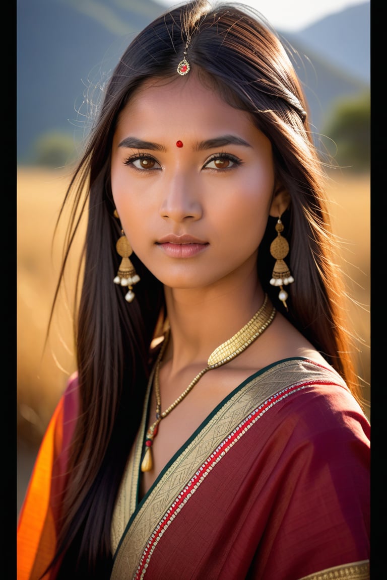 Half-length portrait of an Indo-Chinese girl, in a North-East Indian tribal dress, outdoors. Warm sunlight casts a gentle glow on her gorgeous features, capturing her beuty. Her hazel eyes, with medium pupils and delicate eyelashes, shine like embers. Softly reflected highlights adorn her dark Silky hair, while detailed facial expressions convey her warmth. Natural skin texture, precise ear, eyebrow, and eyelash details add depth to the image. She stands casually against the vibrant mountainous landscape, captured with the Sony a7 III's exceptional lens.