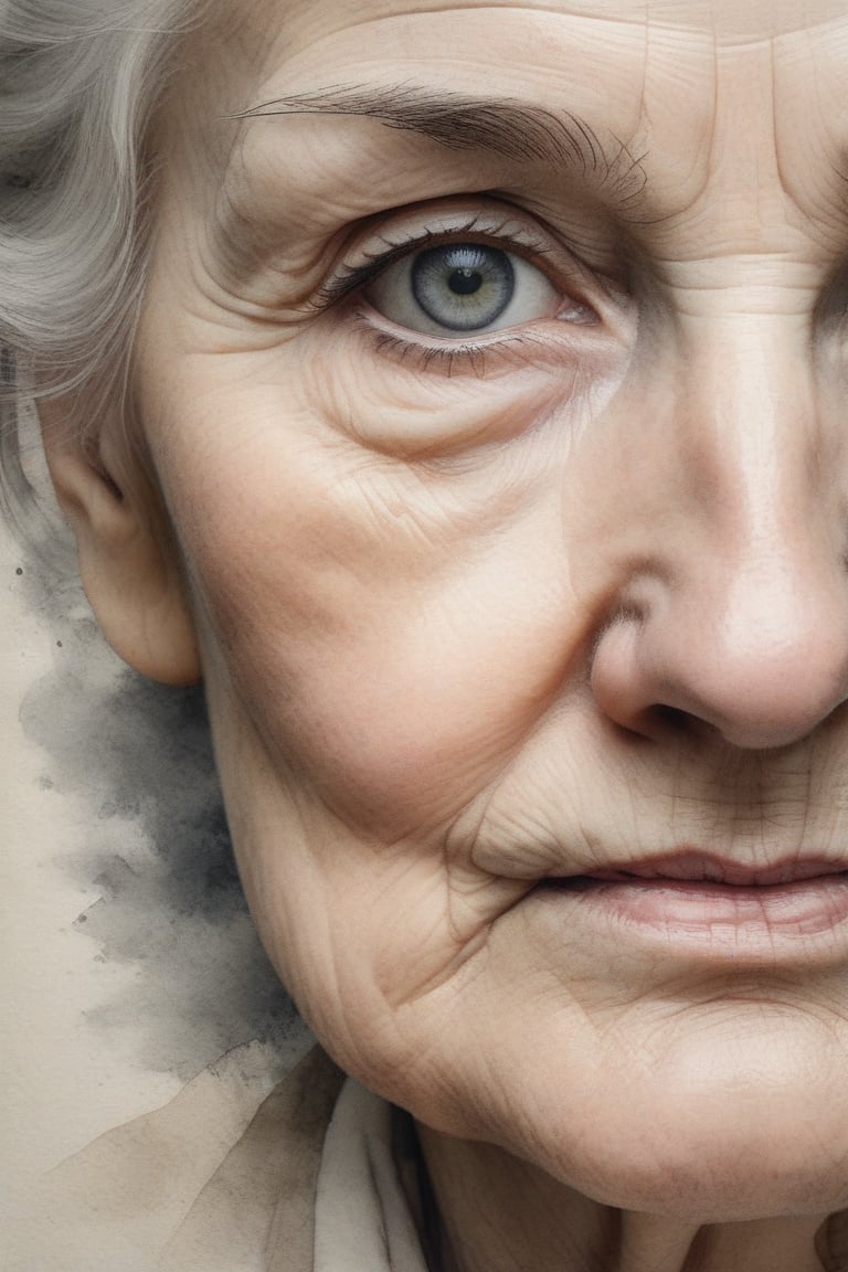 A close-up shot of an old woman's face, framed by a subtle gradient of gray tones. Ink strokes render the subject's features with bold simplicity, capturing the essence of their character. Eyes gaze directly into the lens, with eyelids slightly narrowed to convey introspection. The background is a soft, creamy white, subtly textured to evoke parchment or old book pages.