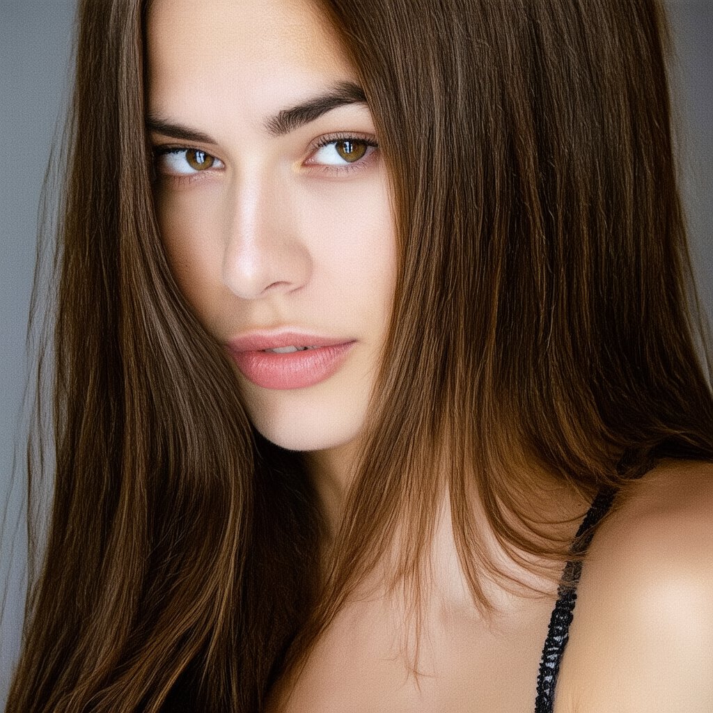 A close-up shot of an attractive brown girl with long, flowing brown hair cascading along the side of her face. Her gaze is slightly lowered, revealing a melancholic expression that dominates her features. The lighting is soft and warm, highlighting her contemplative mood. The composition centers on her face, capturing the depth of her emotions in a solitary moment.