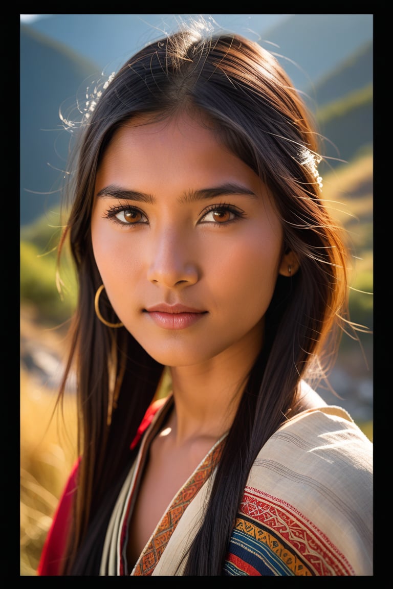 Half-length portrait of an Indo-Chinese girl, dressed in North-East Indian tribal attire, set against a picturesque mountainous backdrop. Warm sunlight casts a gentle glow on her features, accentuating her beauty. Her hazel eyes, with medium pupils and delicate eyelashes, shine like embers, while softly reflected highlights adorn her dark silky hair. Delicate facial expressions convey her warmth, as natural skin texture, precise ear, eyebrow, and eyelash details add depth to the image. She stands casually, with the vibrant landscape reflected in the Sony a7 III's lens.