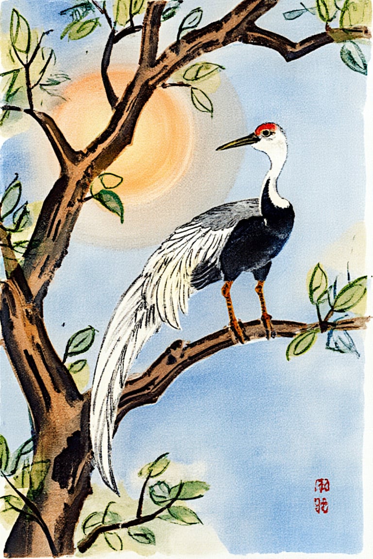 A majestic, long-tailed bird with vibrant plumage sits proudly atop a gnarled fruit tree branch, its textured limbs providing a striking contrast to the bird's soft, feathery form. The artist's brushstrokes bring depth and dimension to the scene, as sunlight casts a warm glow on the bird's iridescent feathers.