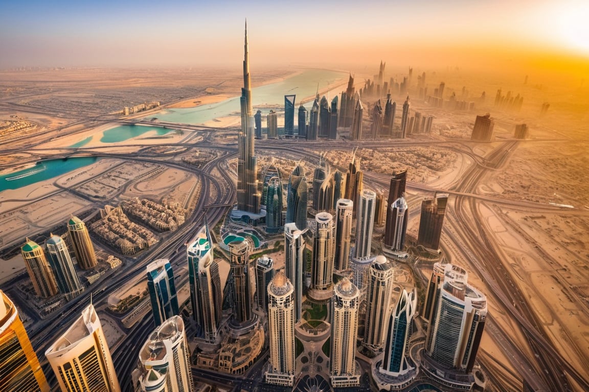 From the helicopter's vantage point atop Burj Khalifa, capture an aerial view of Dubai's sprawling metropolis. Frame the shot with the iconic skyscraper as the central focus, surrounded by the bustling Sheikh Zayed Road and its towering high-rises. The warm glow of the setting sun illuminates the scene, casting long shadows across the cityscape. In the distance, the creek's serene waters provide a calming contrast to the urban frenzy below, with the distant hum of traffic and chatter creating a lively symphony.