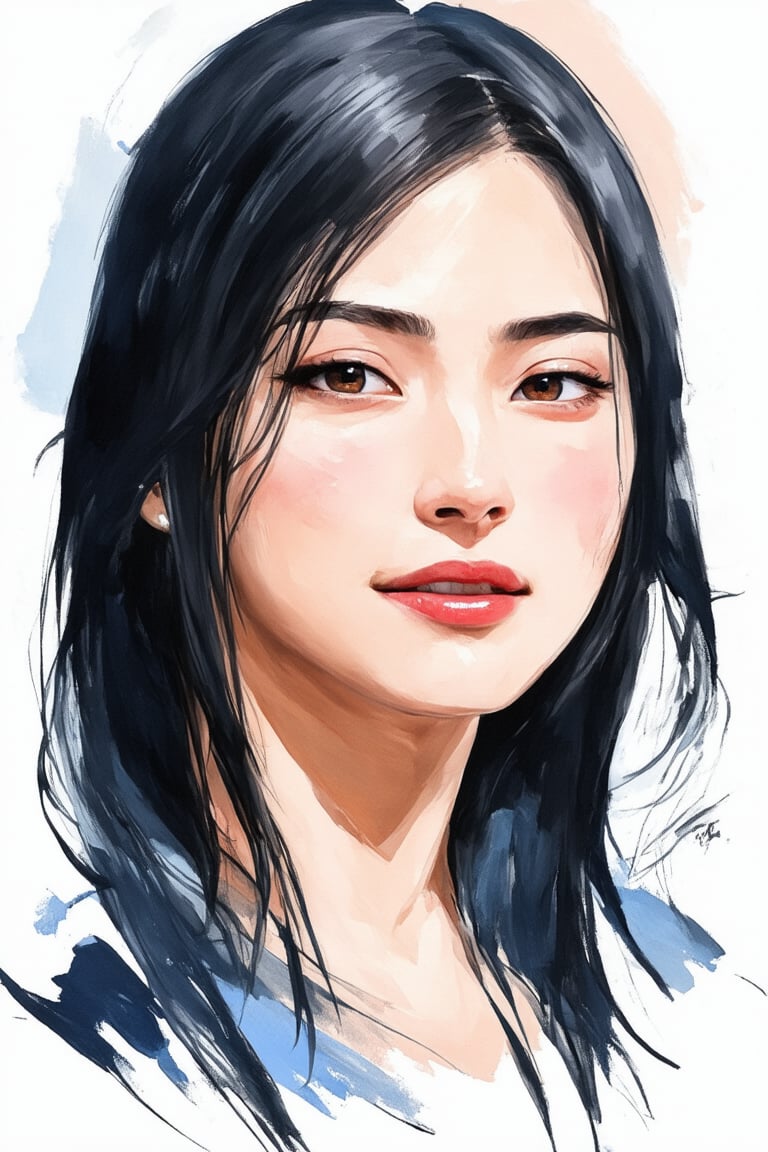 A painting of an attractive, carefree, Mongol girl, with long black hair cascading along the side of her face. Her gaze goes beyond, revealing a joyful expression that dominates her features. The brushstrokes are expressive, effectively conveying her mood through dynamic strokes. The color palette predominantly features light hues, enhancing the atmosphere. The composition centers on her face, capturing the depth of her emotions in that moment, geometric background.