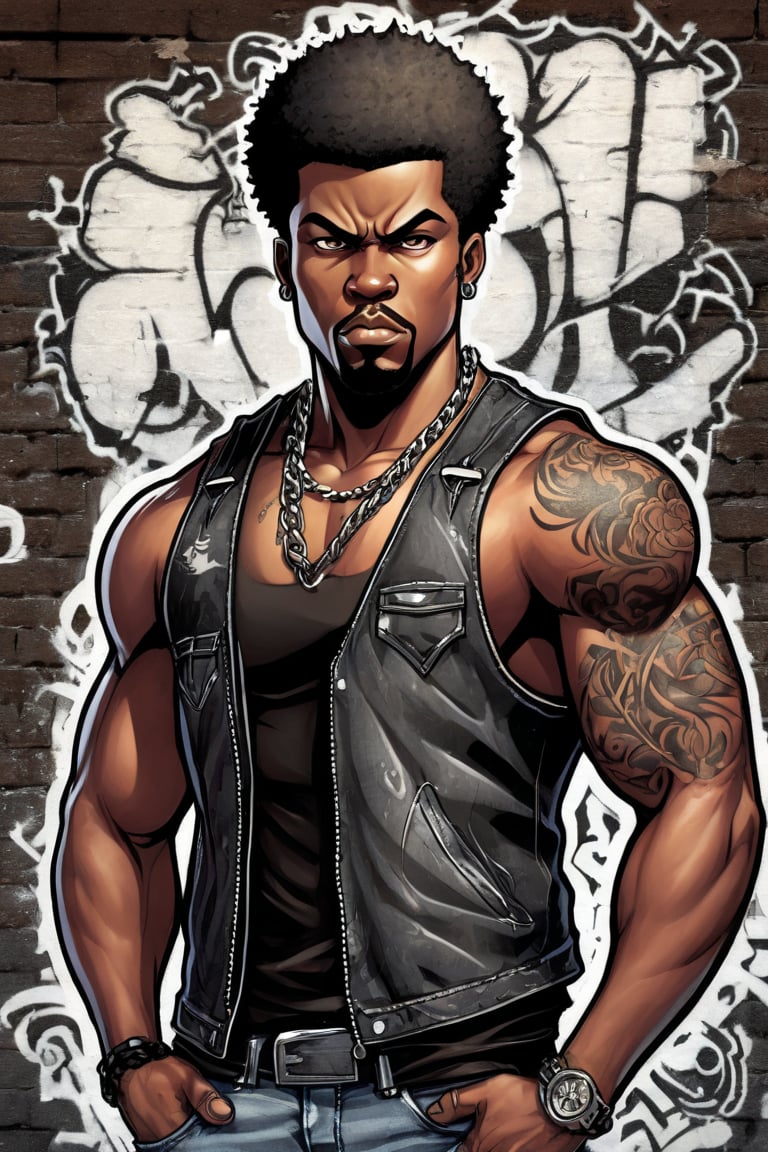 A striking manga-style illustration of a dark-skinned robust male with short afro hair,  muscular, tattoo on upper arm,  glaring directly at the viewer. He sports a black vest, jeans, a thick chain and a cussing mouth expression. The background is a gritty graffiti scene, adding to the urban atmosphere. The focus is solely on the male subject, framed by a subtle border. His demeanor adds an edgy touch to this monochromatic portrait.