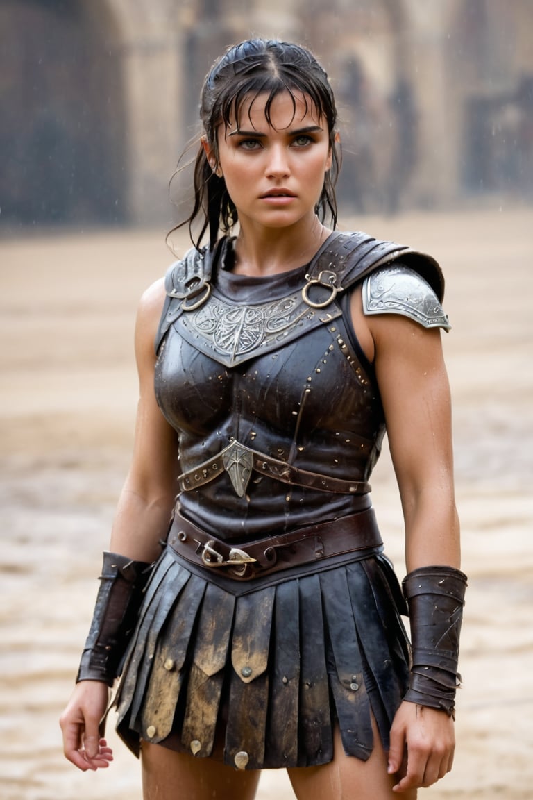 A young woman gladiator similar to Xena Warrior Princess,  stands victorious amidst the din of an ancient arena's cheers,...