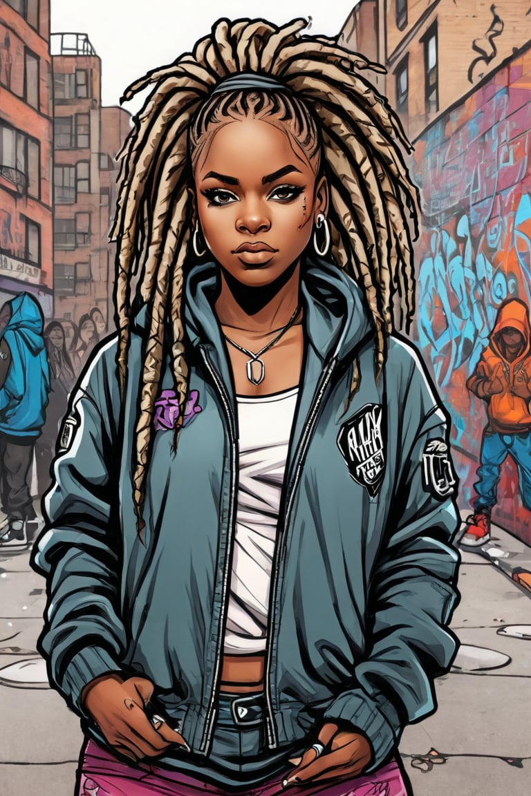 A color pen ink-manga-style illustration of a dark-skinned female street dancer with dreadlocks and bangs, gazing directly at the viewer. She sports a pose in a jacket with hood down, revealing dreadlocks, an eyebrow piercing, and a confident expression. The background is a graffiti scene, adding to the urban atmosphere. The focus is solely on the female dance form subject, framed by a subtle border. Her official alternate hairstyle adds an edgy touch to this 2 tone chromatic portrait.