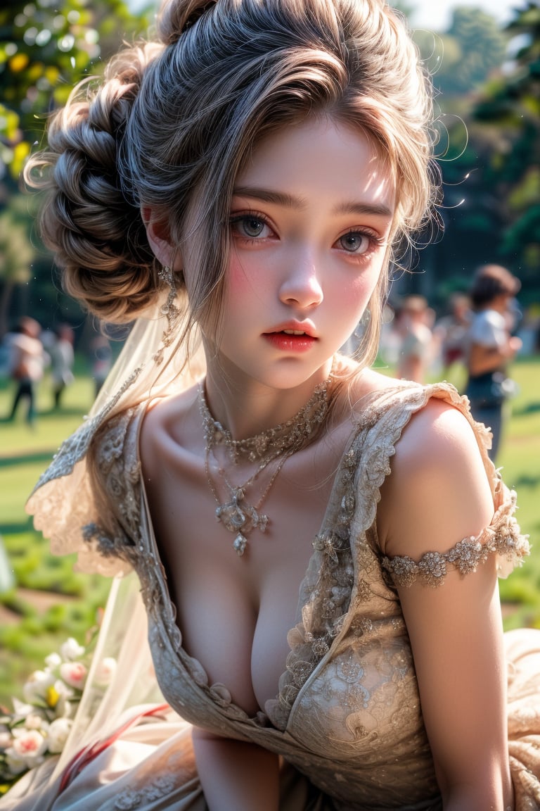 Perfect Composition, Realistic Portrait, Detailed Background, 8K, High Quality, Full Body Image, Extremely Realistic Portrait, Masterpiece, High Detail, Full Body Display, Full Display, 8K Wallpaper, Fine Detail, In the Park, Seductive Human Body Poses, Various Model Photo Poses, Delicate Skin, Charming Beauty, Supermodel Body, High Ponytail Hairstyle, Seductive Style Wedding Dress,elegantly provocative,see-through, (Succubus,Sexy, Transparent Material, Lace Tulle, Body Loding, Revealing Breasts), Necklace (SM Style), Taiwanese Beauty, Goddess Face, Rich Expressions, A variety of photo poses, sexy look around