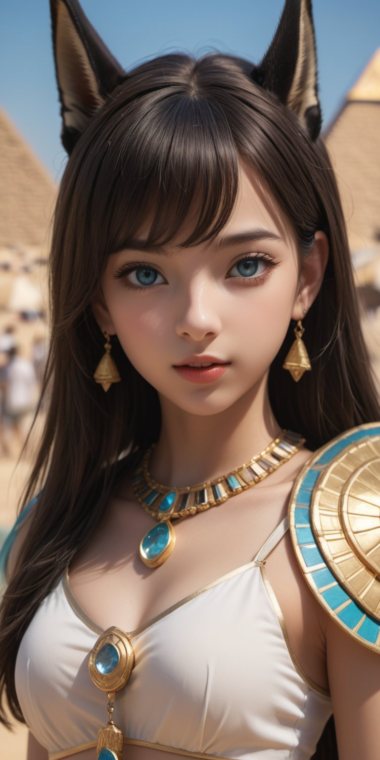 ((12year old girl:1.5)), 1girl,  petite girl, children's body, beautiful shining body,petite,beautiful girl with fine details,detailed face,
bangs,((darkbrown hair:1.3)),((very short hair:1.4)),
high eyes,(aquamarine eyes),tall eyes,Beautiful and delicate eyes,  Beautiful eyes,((tareme,animated eyes, big eyes,droopy eyes:1.2)),(thick eyebrows),
((Anubis inspired costume: 1.4))
((Egypt, Pyramids))
black skin,natural light,((random expression)),random Angle,
((realism: 1.2 )), dynamic far view shot,cinematic lighting, perfect composition, by sumic.mic, ultra detailed, official art, masterpiece, (best quality:1.3), reflections, extremely detailed cg unity 8k wallpaper, detailed background, masterpiece, best quality , (masterpiece), (best quality:1.4), (ultra highres:1.2), (hyperrealistic:1.4), (photorealistic:1.2), best quality, high quality, highres, detail enhancement,more detail XL,xxmixgirl,xxmix_girl