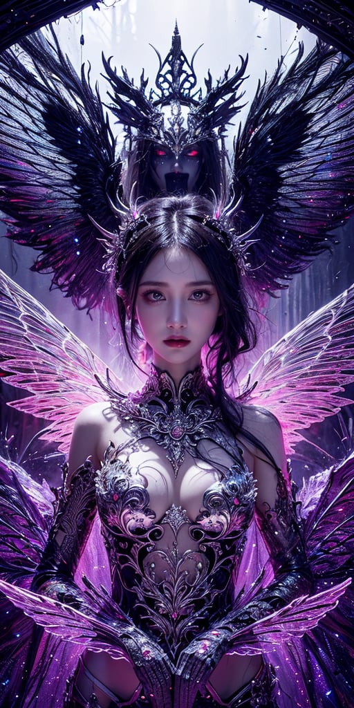 Horror-themed Abstract style, otherworldly being with luminous ethereal wings, radiating an aura of tranquility and grace, body adorned with intricate patterns and delicate lines, evoking a sense of harmony amidst chaos, high detail, award winning masterpiece with incredible details, non-representational, colors and shapes, expression of feelings, imaginative, highly detailed, eerie, unsettling, dark, spooky, suspenseful, grim, highly detailed, 