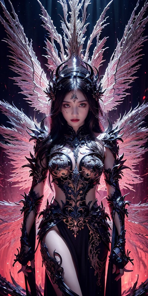 Horror-themed Abstract style, otherworldly being with luminous ethereal wings, radiating an aura of tranquility and grace, body adorned with intricate patterns and delicate lines, evoking a sense of harmony amidst chaos, high detail, award winning masterpiece with incredible details, non-representational, colors and shapes, expression of feelings, imaginative, highly detailed, eerie, unsettling, dark, spooky, suspenseful, grim, highly detailed, 