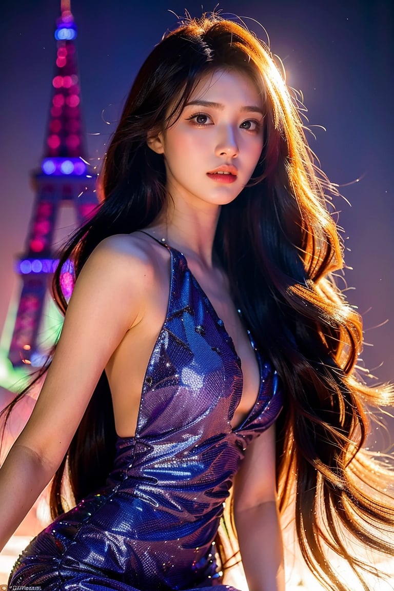 a female character with long, flowing hair that appears to be made of ethereal, swirling patterns resembling the Northern Lights or Aurora Borealis. The background is dominated by deep blues and purples, Next to the huge Eiffel Tower, creating a mysterious and dramatic atmosphere. The character's face is serene, with pale skin and striking features. The overall style of the artwork is reminiscent of fantasy or supernatural genres,white lace dress,1 girl