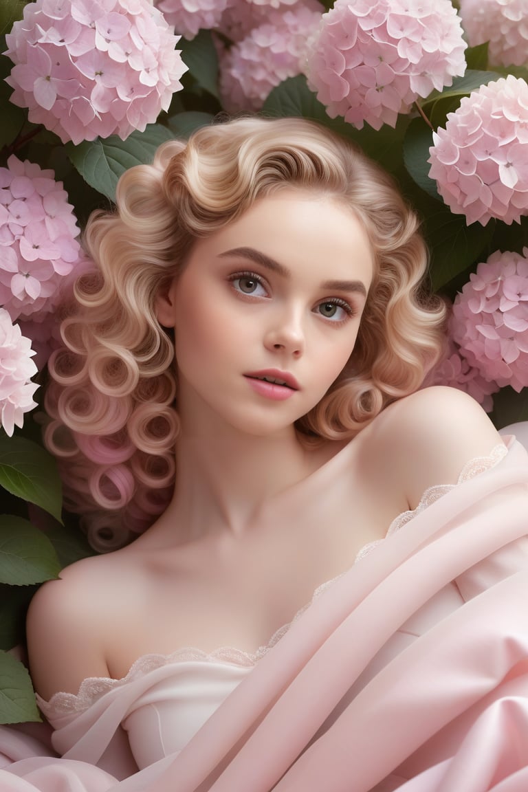 Surrealistic digital painting of a young woman with fair skin, curly fair hair, delicate facial features, enshrouded in a graceful, light pink fabric, slumbering among a plush hydrangea bed of pink and white blossoms, creating a dreamy, ethereal ambiance, palette consisting largely of pinks, whites, and lilacs, invoking a sense of serenity and tranquility, painterly strokes result in, eye contact