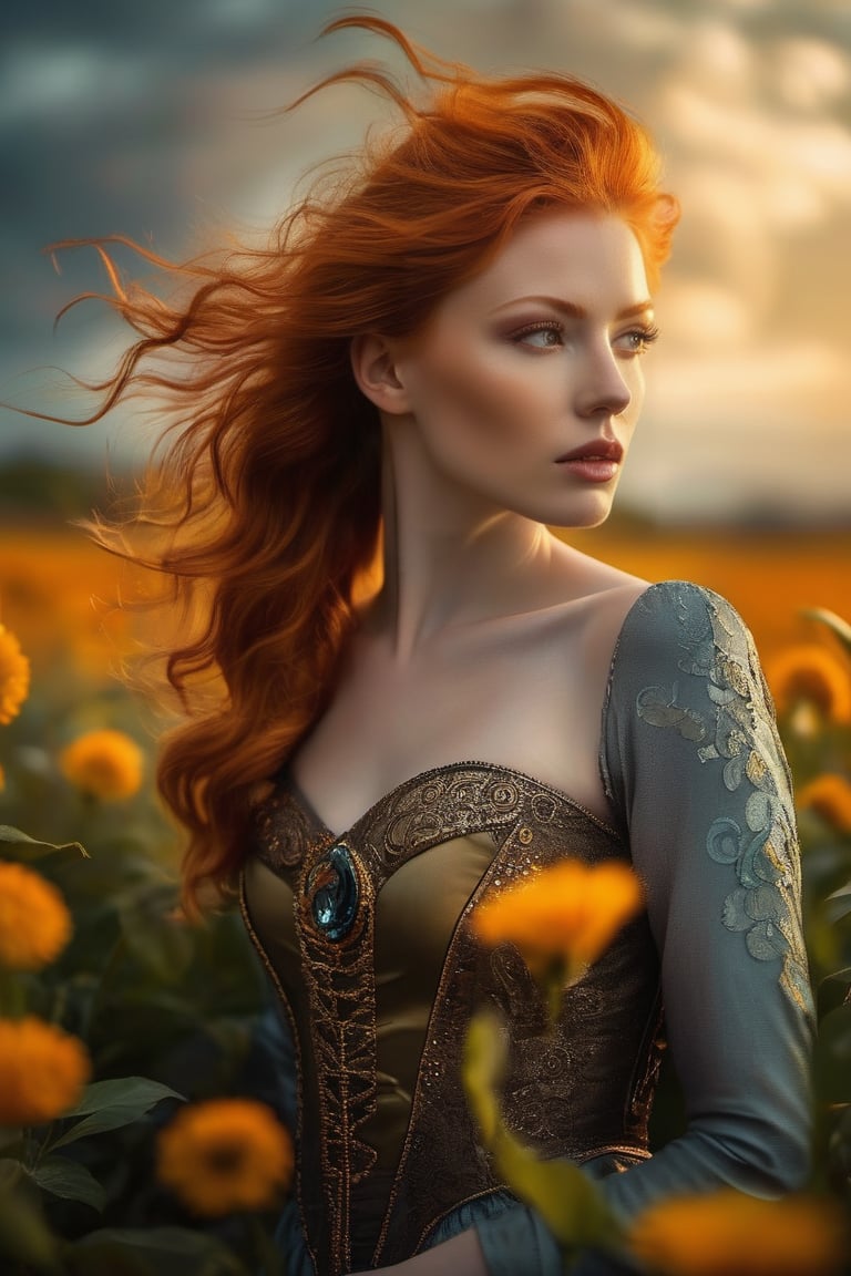 A mesmerizing and enigmatic of ginger woman, captures her ethereal form illuminated by a soft, glowing light. The background showcases a field of vibrant flowers, with petal vortices swirling in the wind, creating a mystical atmosphere. The distinct style combines elements of deco steampunk and futuristic aesthetics, with mist and silhouettes adding depth to the scene. This captivating, wide long shot visual masterpiece is a stunning representation of Abstract Neorealism, blending perfect detail and moody tones to create an unforgettable work of art. Eye contact.