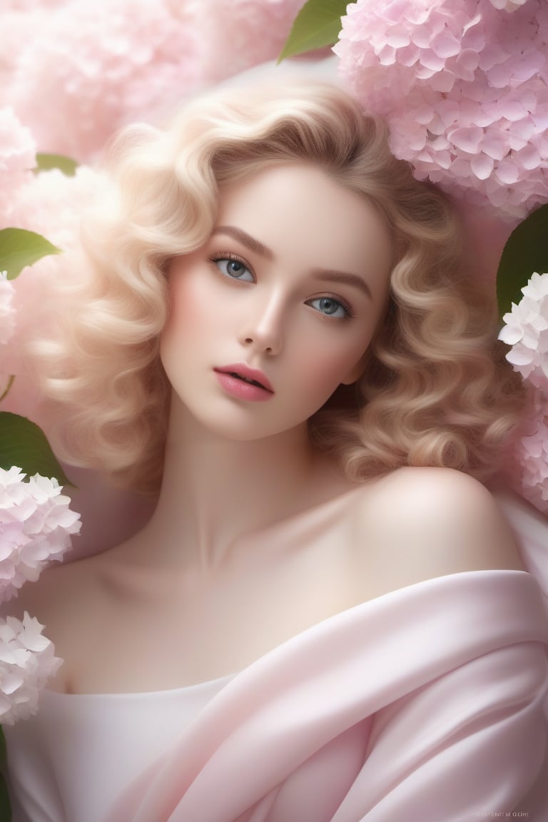 Surrealistic digital painting of a young woman with fair skin, curly fair hair, delicate facial features, enshrouded in a graceful, light pink fabric, slumbering among a plush hydrangea bed of pink and white blossoms, creating a dreamy, ethereal ambiance, palette consisting largely of pinks, whites, and lilacs, invoking a sense of serenity and tranquility, painterly strokes result in, eye contact