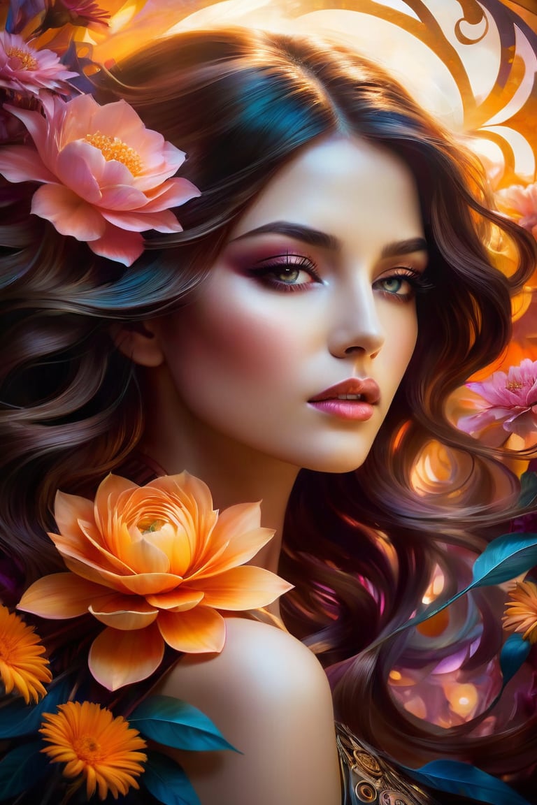 A mesmerizing and enigmatic close-up of woman, captures her ethereal form illuminated by a soft, glowing light. The background showcases a field of vibrant flowers, with petal vortices swirling in the wind, creating a mystical atmosphere. The artist's distinct style combines elements of deco steampunk and futuristic aesthetics, with mist and silhouettes adding depth to the scene. This captivating, wide long shot visual masterpiece is a stunning representation of Abstract Neorealism, blending perfect detail and moody tones to create an unforgettable work of art. eye contact, seductive look, high saturation