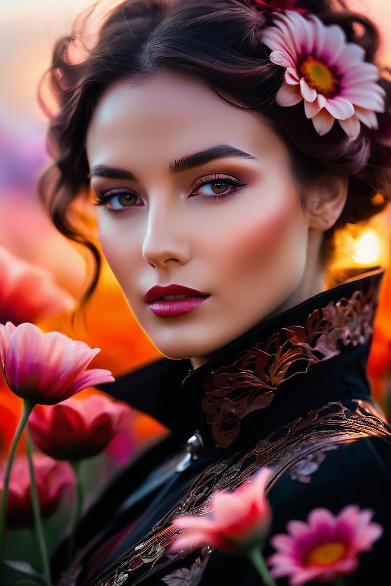 A mesmerizing and enigmatic close-up of woman, captures her ethereal form illuminated by a soft, glowing light. The background showcases a field of vibrant flowers, with petal vortices swirling in the wind, creating a mystical atmosphere. The artist's distinct style combines elements of deco steampunk and futuristic aesthetics, with mist and silhouettes adding depth to the scene. This captivating, wide long shot visual masterpiece is a stunning representation of Abstract Neorealism, blending perfect detail and moody tones to create an unforgettable work of art. eye contact, seductive look, high saturation