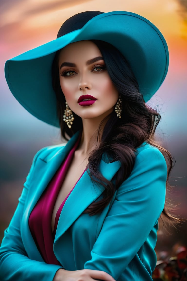 𝗙𝗮𝘀𝗵𝗶𝗼𝗻 ᴀʟʙᴜᴍ, In a world of colors, she wears an elegant hat, A wistful gaze, a touch of mystery, where dreams are at. Her beauty, a stroke of artistry, in every detail and line, A digital masterpiece, a fantasy so divine. Eye contact. Masterpiece. High saturation. Full body portrait, fog in the background