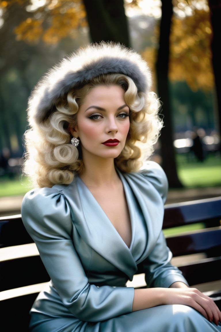 A captivating portrait of a woman seated on a bench in Hyde Park, London during the 1970s. She is dressed in a form-fitting dress, a fur stole, and heels, with platinum blonde curls framing her enigmatic face. The artists have combined their signature styles to create a masterpiece that captures the essence of the era and the subject's mesmerizing allure. The ominous clouds in the sky hint at a windy day, while dark fantasy elements give the scene an air of mystery. The harmonious blend of Hollywood glamour, urban atmosphere, and mystique creates an unforgettable work of art.