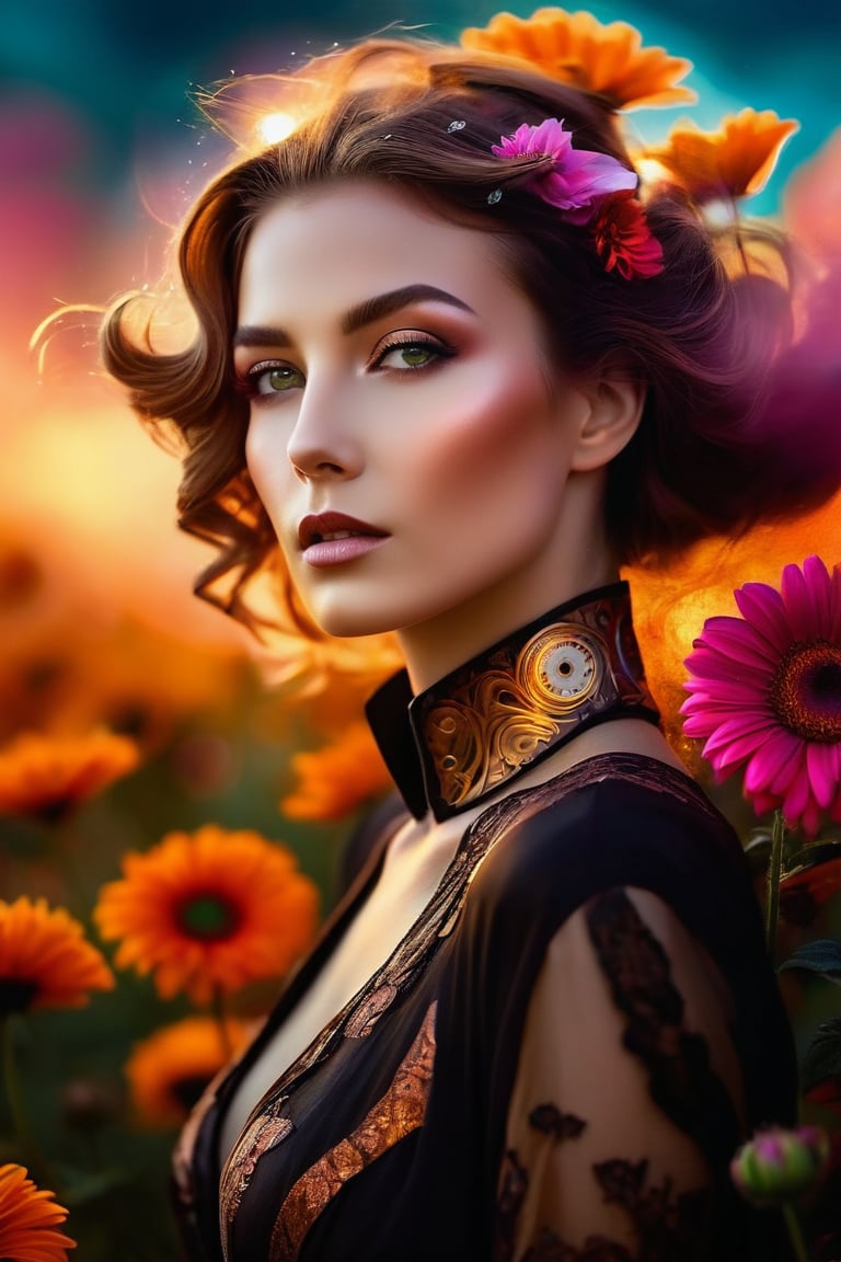 A mesmerizing and enigmatic close-up of woman, captures her ethereal form illuminated by a soft, glowing light. The background showcases a field of vibrant flowers, with petal vortices swirling in the wind, creating a mystical atmosphere. The artist's distinct style combines elements of deco steampunk and futuristic aesthetics, with mist and silhouettes adding depth to the scene. This captivating, wide long shot visual masterpiece is a stunning representation of Abstract Neorealism, blending perfect detail and moody tones to create an unforgettable work of art. eye contact, seductive look, high saturation