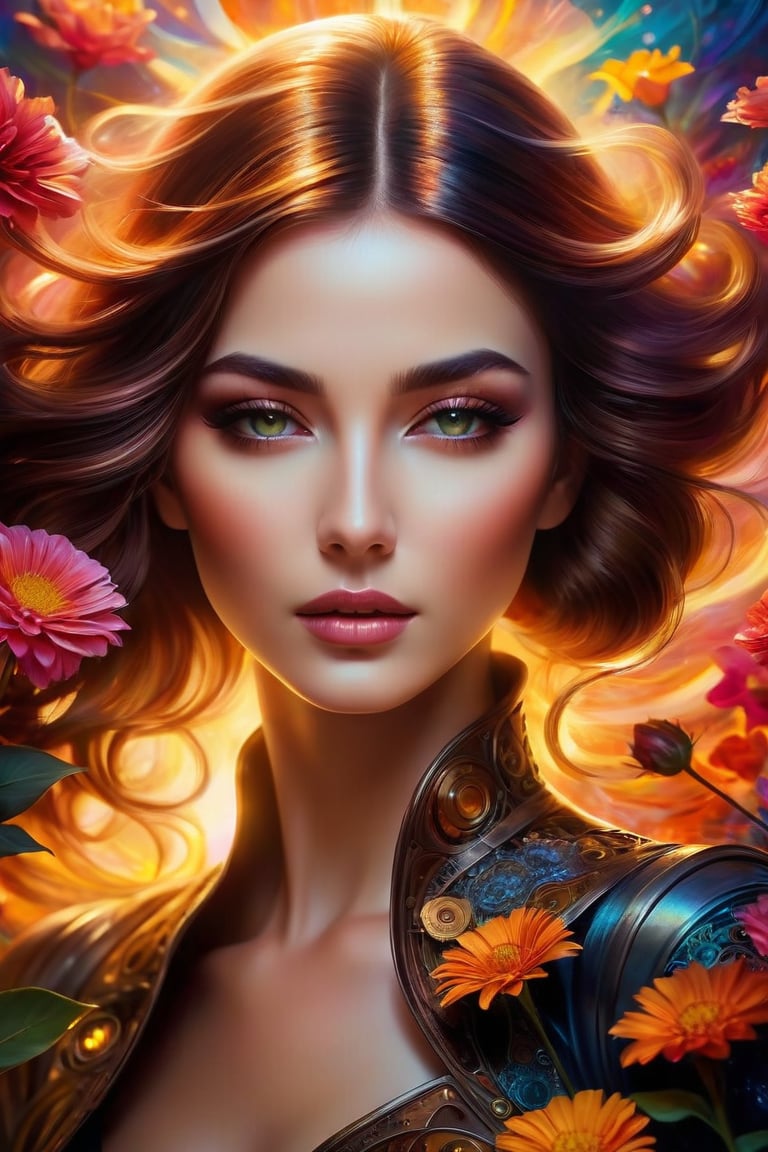 A mesmerizing and enigmatic close-up of woman, captures her ethereal form illuminated by a soft, glowing light. The background showcases a field of vibrant flowers, with petal vortices swirling in the wind, creating a mystical atmosphere. The artist's distinct style combines elements of deco steampunk and futuristic aesthetics, with mist and silhouettes adding depth to the scene. This captivating, wide long shot visual masterpiece is a stunning representation of Abstract Neorealism, blending perfect detail and moody tones to create an unforgettable work of art. eye contact, seductive look, high saturation