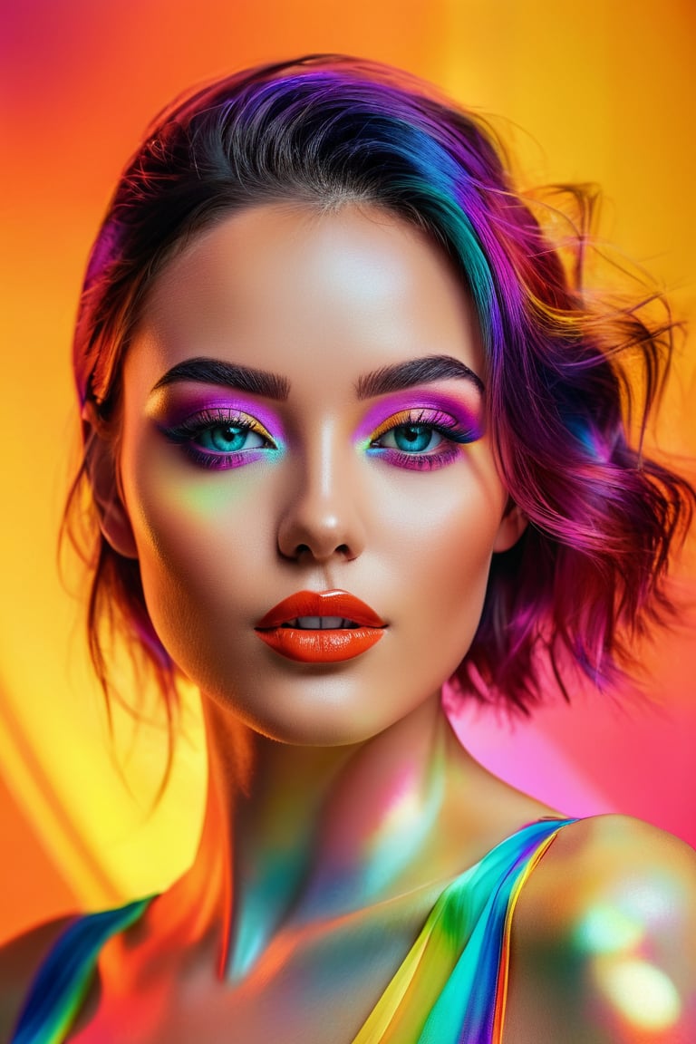 a looking digital beautiful female, digitally illustrated and made up of very bright colours and a brightly coloured translucent fil background, full body portrait, eye contact, masterpiece, ultra sharp, 8k, raw, professional photography