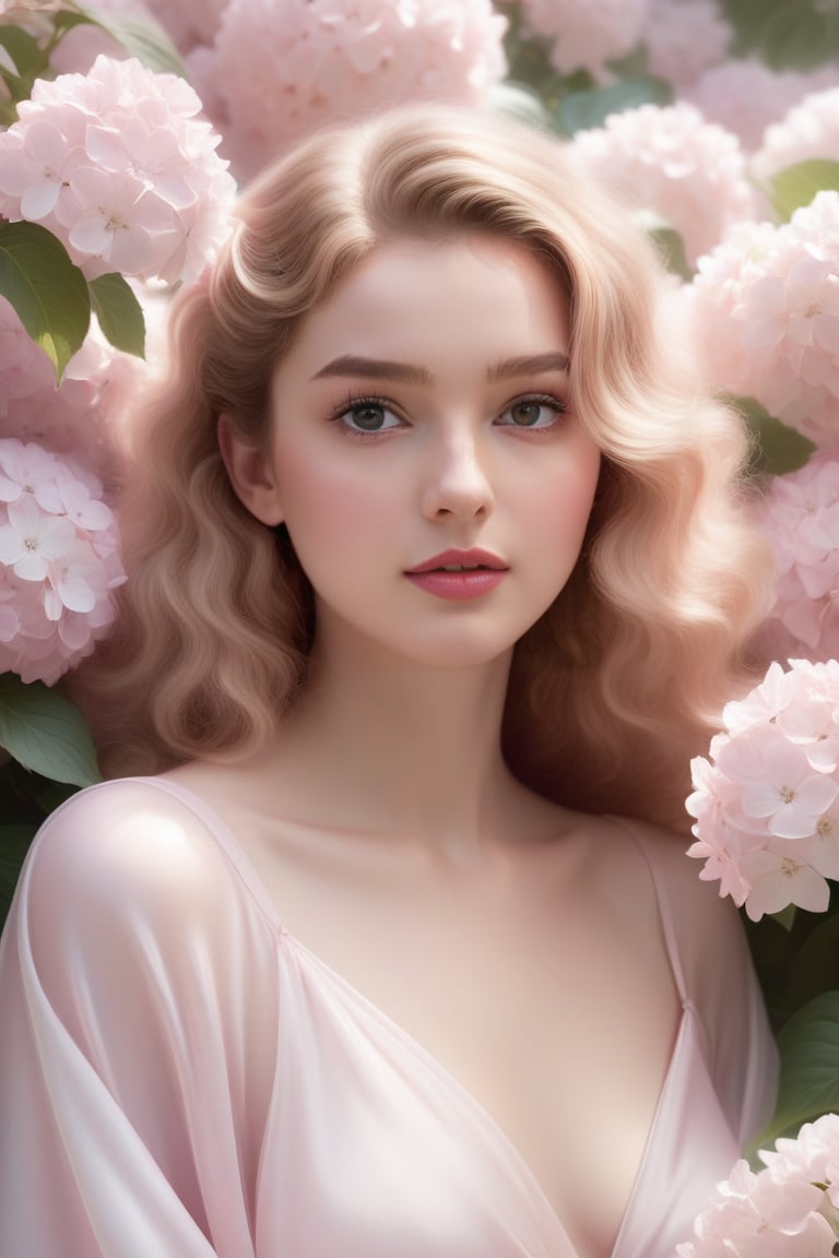 Surrealistic digital painting of a young woman with fair skin, curly fair hair, delicate facial features, enshrouded in a graceful, light pink fabric, slumbering among a plush hydrangea bed of pink and white blossoms, creating a dreamy, ethereal ambiance, palette consisting largely of pinks, whites, and lilacs, invoking a sense of serenity and tranquility, painterly strokes result in