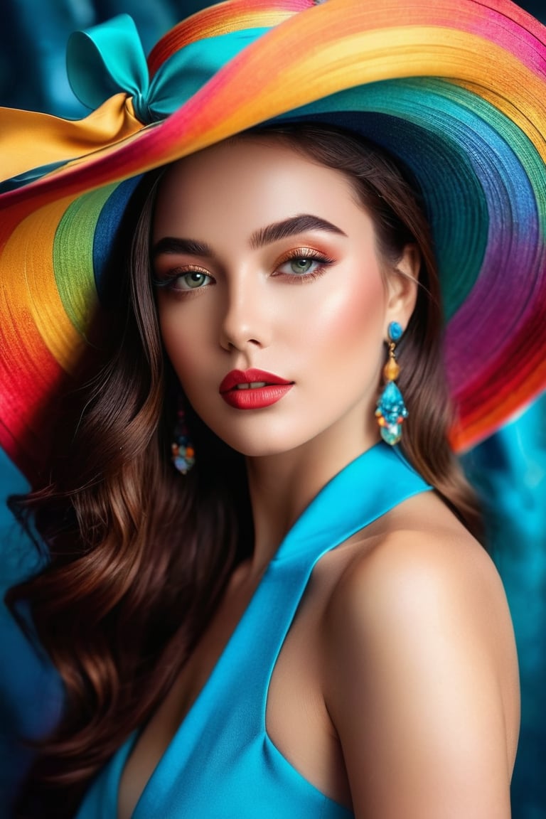 𝗙𝗮𝘀𝗵𝗶𝗼𝗻 ᴀʟʙᴜᴍ, In a world of colors, she wears an elegant hat, A wistful gaze, a touch of mystery, where dreams are at. Her beauty, a stroke of artistry, in every detail and line, A digital masterpiece, a fantasy so divine. Eye contact. Masterpiece. High saturation. Full body portrait. 