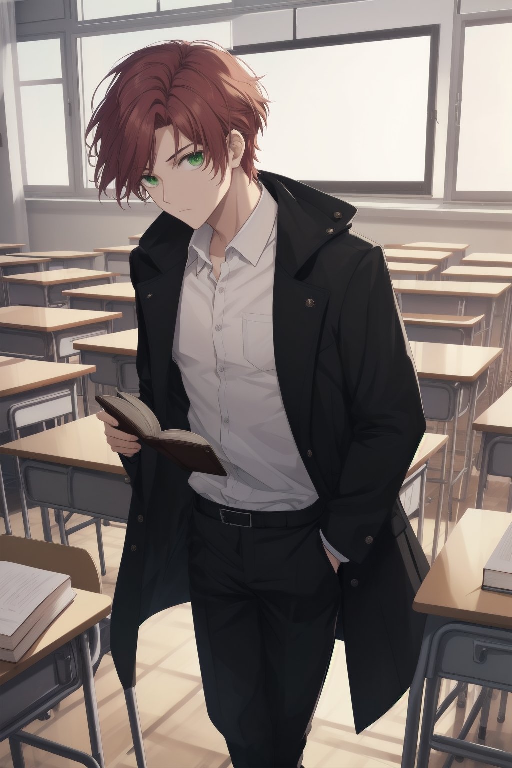 1 man, short red hair, hair combed back, green eyes, white shirt, black pants, black coat, teaching, university classroom, looking at a book while talking, holding, magic book.