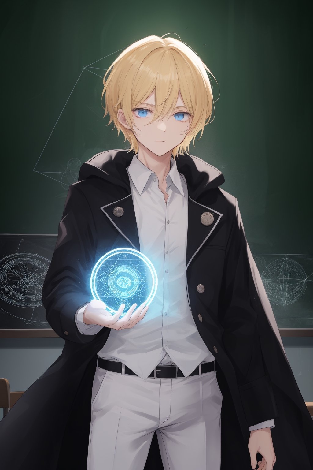 1 man, short blonde hair, blue eyes, white shirt, black pants, black coat, dark circles, teaching class, university classroom, drawing magic circle while speaking, blackboard glowing eyes.