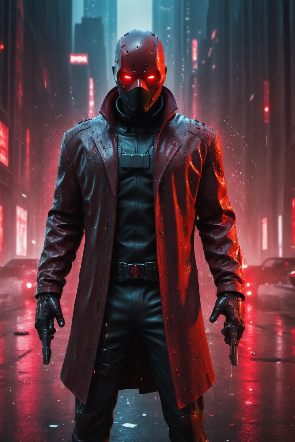 A hyper-realistic and detailed Red Hood suit rendered in the style of the "Matrix" movie. The suit is made of a black leather outfit with a red helmet and glowing red accents. The eyes are large and expressive, and the suit is covered in bullet holes and scars. Red Hood is standing in a simulated city, surrounded by digital rain and glitches. He is holding a gun, ready to take on the criminals of the Matrix. Use particle effects and explosions to create a sense of action.

