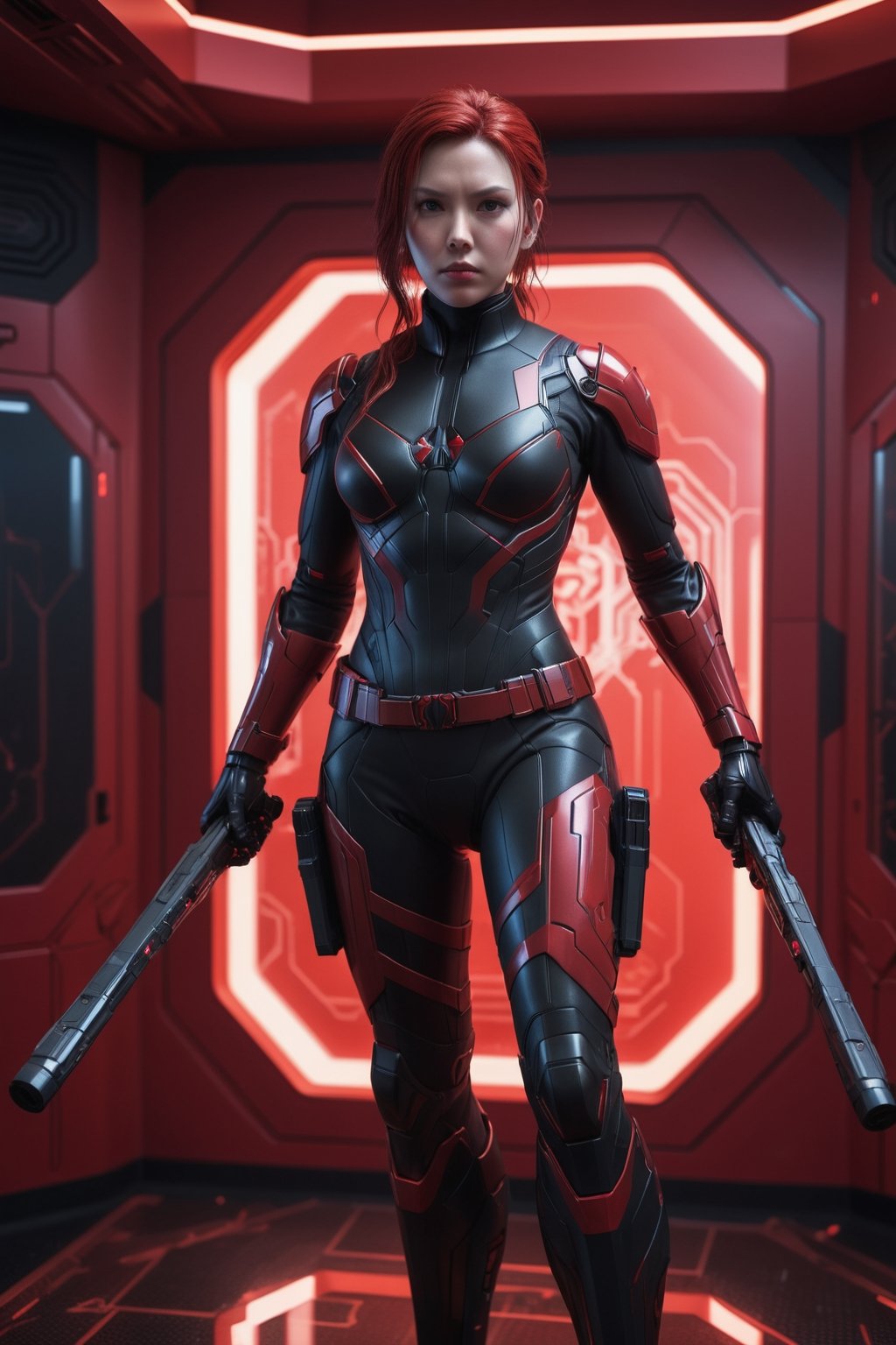 A hyper-realistic and detailed bio-technological Black Widow suit rendered in the style of a Red Room training facility. The suit is made of a sleek, black and red material with bio-luminescent accents and intricate circuitry. The suit is equipped with various advanced weapons and gadgets. Black Widow is standing in a Red Room training facility, surrounded by训练器材 and sparring partners. She is holding a pair of batons, ready to take down her enemies. Use particle effects and explosions to create a sense of action.

