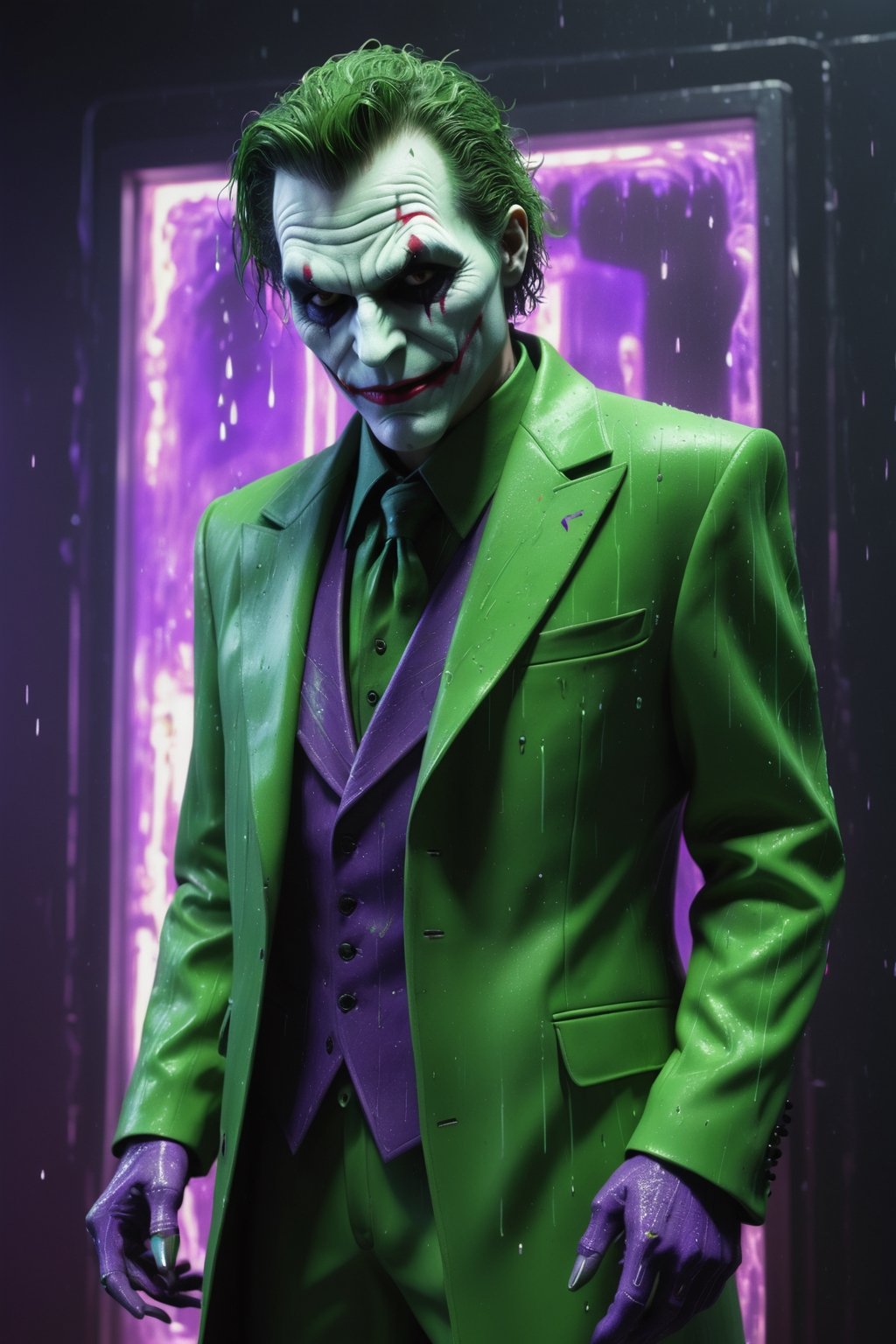 A hyper-realistic and detailed Joker suit rendered in the style of the "Matrix" movie. The suit is made of a purple and green suit with a white face and glowing green accents. The makeup is exaggerated and theatrical, and the suit is covered in🃏 symbols. The Joker is standing in a simulated city, surrounded by digital rain and glitches. He is holding a playing card, ready to play a game of life and death. Use physically-based rendering to create realistic lighting and materials.

