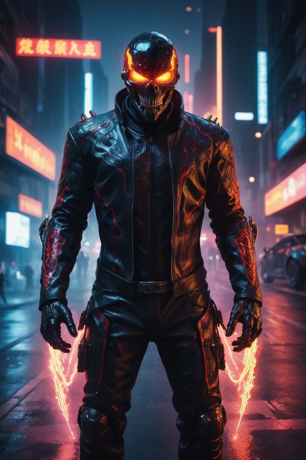 A hyper-realistic and detailed bio-technological Ghost Rider suit rendered in the style of a futuristic cityscape. The suit is made of a sleek, black and red material with bio-luminescent accents and intricate circuitry. The skull is demonic and menacing, and the motorcycle is made of a sleek, black material with flames coming out of the exhaust. Ghost Rider is riding his motorcycle through a futuristic city, surrounded by neon lights and digital rain. He is leaving a trail of fire in his wake, ready to unleash his penance stare. Use photorealistic lighting and shadows with a cyberpunk aesthetic.

