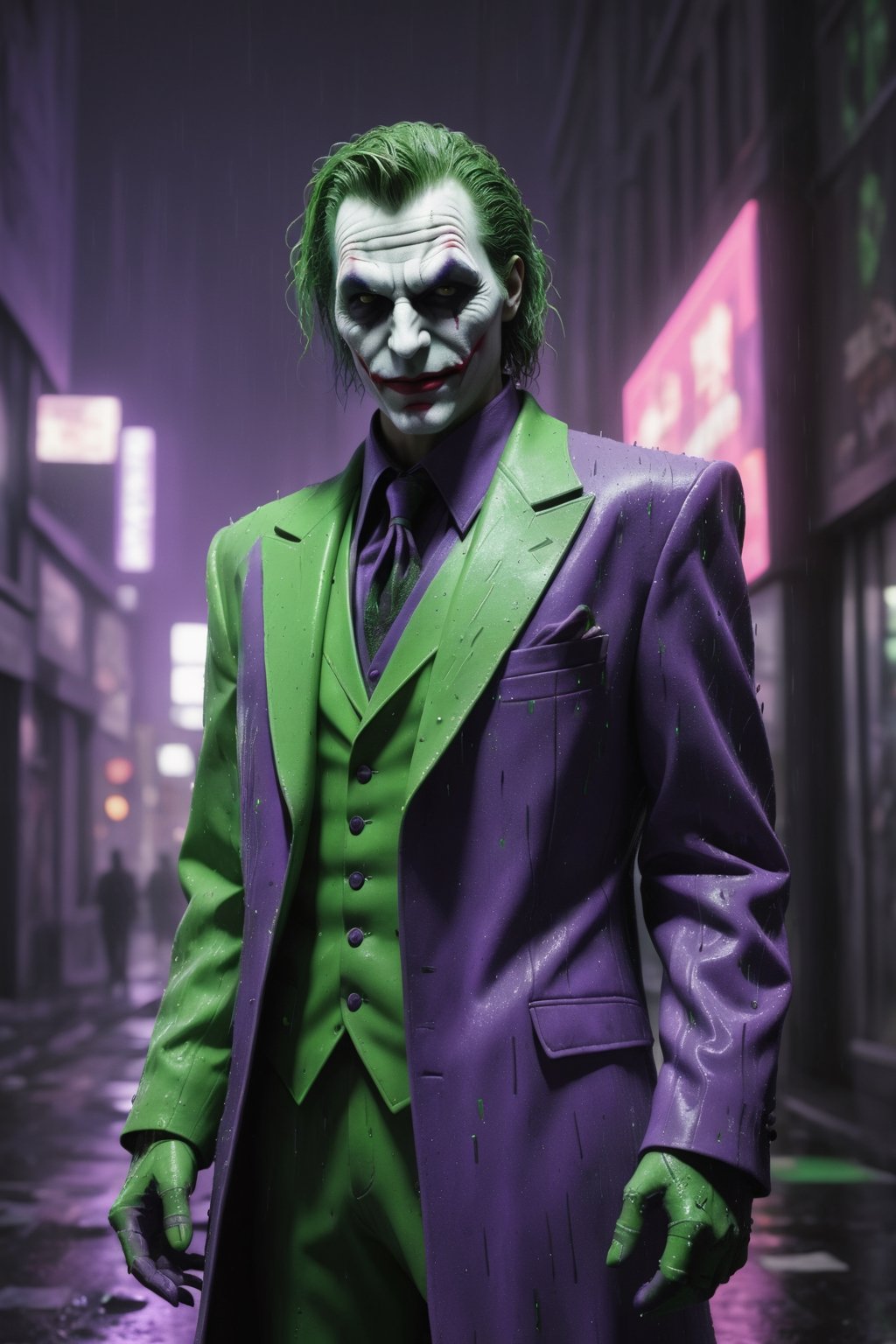 A hyper-realistic and detailed Joker suit rendered in the style of the "Matrix" movie. The suit is made of a purple and green suit with a white face and glowing green accents. The makeup is exaggerated and theatrical, and the suit is covered in🃏 symbols. The Joker is standing in a simulated city, surrounded by digital rain and glitches. He is holding a playing card, ready to play a game of life and death. Use physically-based rendering to create realistic lighting and materials.

