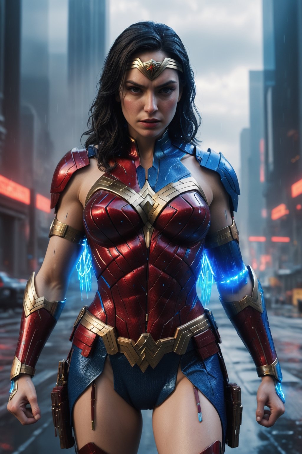 A hyper-realistic and detailed Wonder Woman suit rendered in the style of the "Matrix" movie. The suit is made of a sleek, blue and red material with Amazonian symbols and glowing blue accents. The bracelets are sleek and aerodynamic, and the suit is equipped with various weapons and gadgets. Wonder Woman is standing in a simulated city, surrounded by digital rain and glitches. She is blocking an attack with her bracelets, ready to unleash her Amazonian fury. Use physically-based rendering to create realistic lighting and materials.

