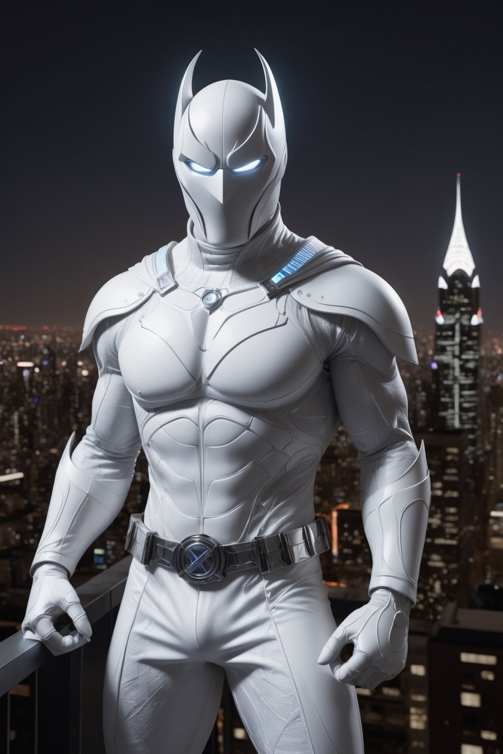 A hyper-realistic and detailed bio-technological Moon Knight suit rendered in the style of a moonlit rooftop. The suit is made of a sleek, white and silver material with crescent moon accents and intricate circuitry. The eyes are large and expressive, and the suit is covered in crescent moon symbols. Moon Knight is standing on a moonlit rooftop, surrounded by skyscrapers and neon lights. He is holding a pair of crescent moon-shaped batons, ready to fight crime. Use physically-based rendering to create realistic lighting and materials.


