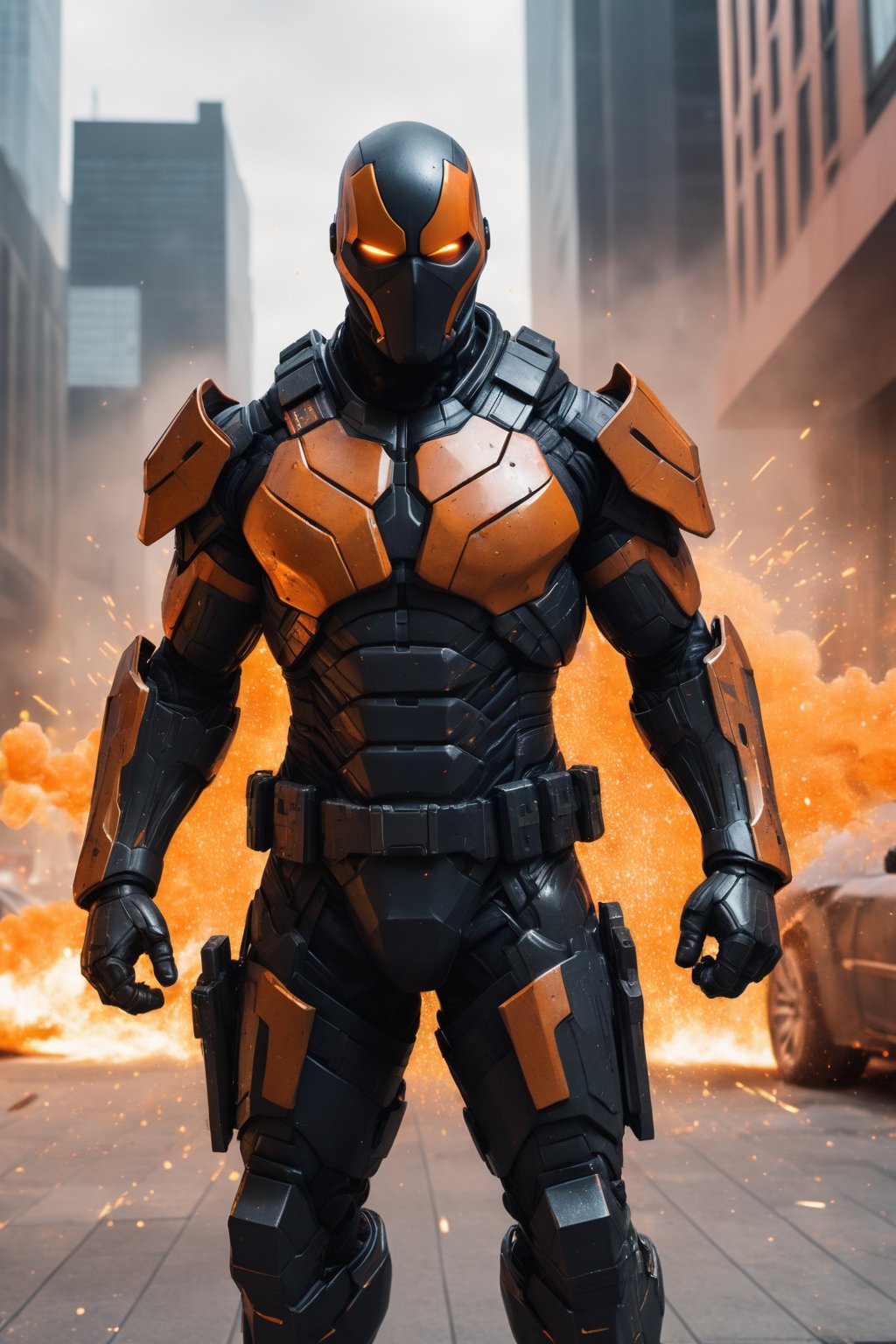 A hyper-realistic and detailed Deathstroke suit rendered in the style of the "Matrix" movie. The suit is made of a heavily armored, orange and black material with tactical elements and glowing orange accents. The mask is sleek and aerodynamic, and the suit is equipped with various weapons and gadgets. Deathstroke is standing in a simulated city, surrounded by buildings and cars. He is wielding his swords, ready to slice and dice his enemies. Use particle effects and explosions to create a sense of action.

