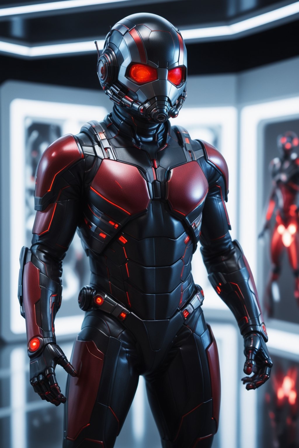 A hyper-realistic and detailed bio-technological Ant-Man suit rendered in the style of a futuristic laboratory. The suit is made of a sleek, black and red material with bio-luminescent accents and intricate circuitry. The helmet is sleek and aerodynamic, and the suit is equipped with various advanced technology. Ant-Man is standing in a futuristic laboratory, surrounded by high-tech equipment and glowing panels. He is holding a miniature ant, ready to shrink down to the quantum realm. Use photorealistic lighting and shadows with a futuristic aesthetic.

